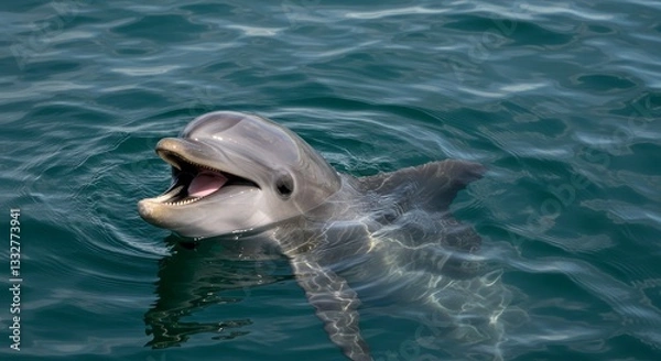 Fototapeta Happy Dolphin in Ocean Water - A playful dolphin smiles, its mouth open, in clear blue ocean water. A joyful marine mammal scene
