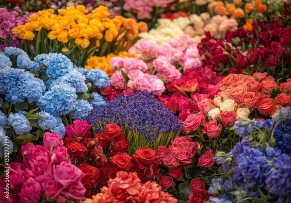 Fototapeta Vibrant Display of Multicolored Flowers in a Blooming Garden Fresh Arrangements in Different Shades of Pink, Blue, Yellow, and Red Colors Captivating Nature's Beauty