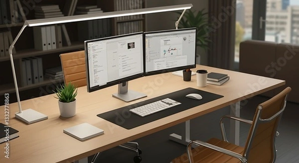 Obraz Setting Up Workstation Dual Monitor Office Desk with Ergonomic Lighting