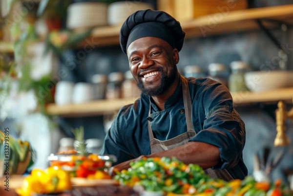Fototapeta Smiling African American male chef in a black uniform, surrounded by fresh vegetables and a vibrant kitchen setting.