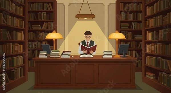 Obraz Man Reading Book at Desk Surrounded by Bookshelves in Library