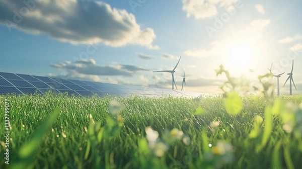 Fototapeta A green field with solar panels and windmills under a blue sky