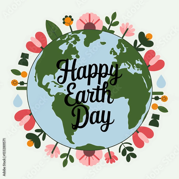 Fototapeta Happy Earth Day Vector Design with Floral Elements Surrounding Planet, Eco-Friendly Theme