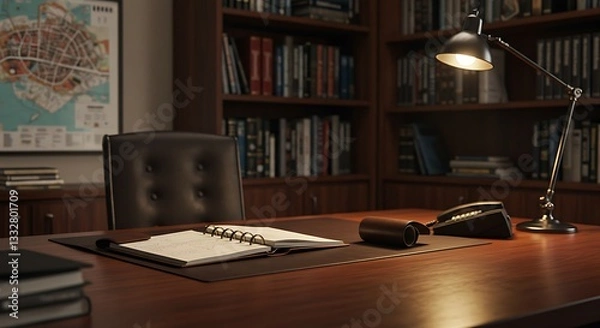 Fototapeta Open Notebook on Wood Desk with Bookshelf and Lamp