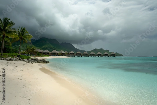 Fototapeta Tropical beach with clear turquoise waters, palm trees, and overwater bungalows under a cloudy sky