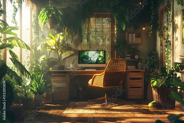Fototapeta Tropical-inspired workspace with greenery, natural materials, and warm sunlight streaming through