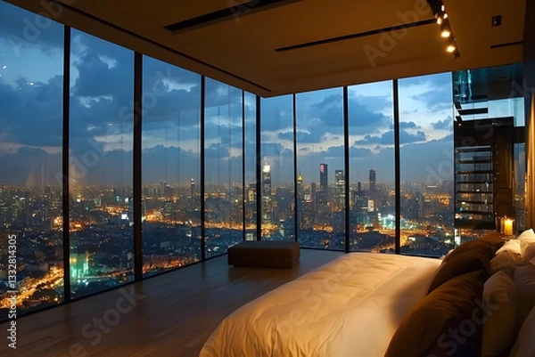 Fototapeta Urban penthouse with floor-to-ceiling glass windows offering panoramic city views during evening hours