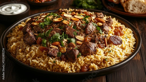 Obraz Arabian kabsa served with meat and almonds on a wooden table  