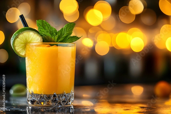 Fototapeta Vibrant orange cocktail with mint and lime garnish in a frosted glass, blurred bar background