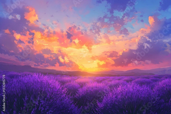 Fototapeta Vibrant sunset over a lavender field, with purple flowers beneath a colorful sky