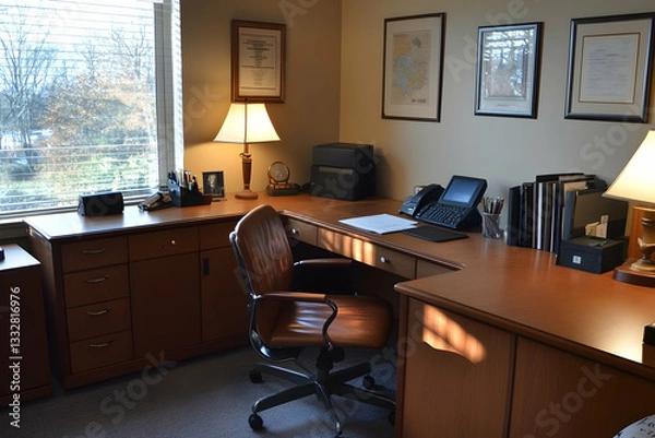 Fototapeta Well-organized office setup featuring a spacious desk, comfortable chair, and neatly arranged accessories