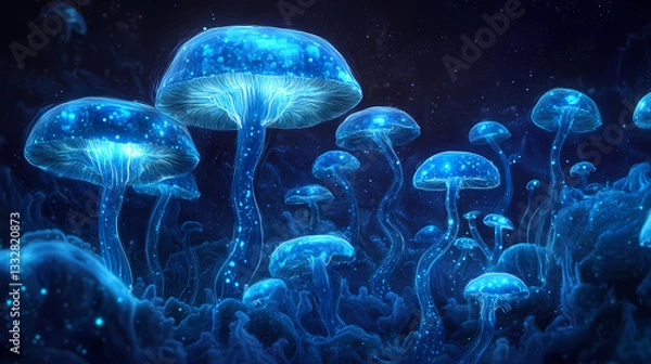 Fototapeta Bioluminescent mycelium network. Bioluminescent Fungi. Illustration