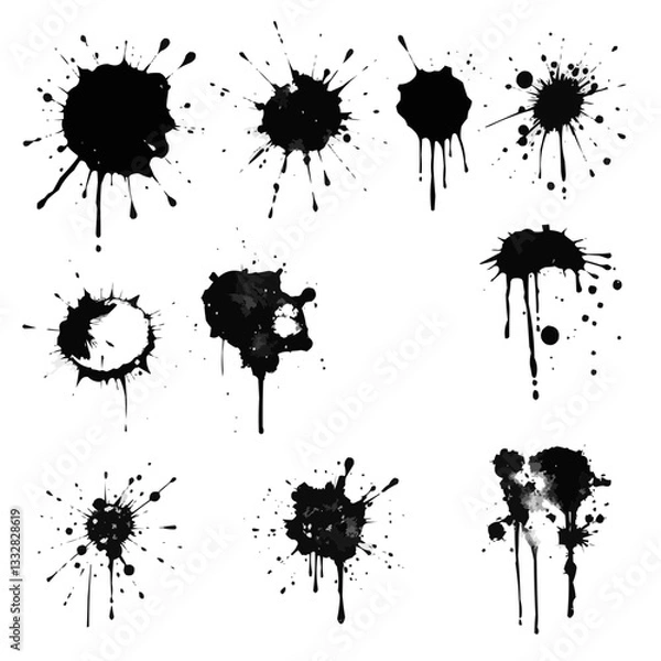 Fototapeta Black Ink Splatter Collection on Transparent Background - Vector Grunge Paint Elements for Graphic Design with Realistic Dripping Effect