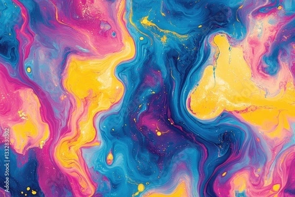 Fototapeta Abstract vibrant swirls of blue, pink, and yellow paint create a mesmerizing, fluid artwork.
