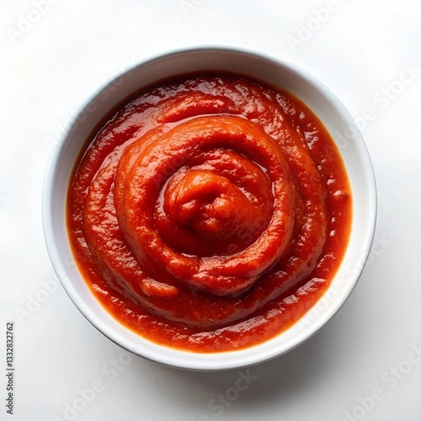 Fototapeta Arrabbiata sauce in a wooden bowl. Spicy Italian tomato sauce for pasta, made from tomatoes, garlic and dried red chili peppers, cooked in olive oil. Vegan sugo. Close-up over white, macro food photo