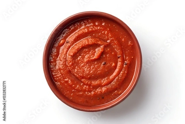 Fototapeta Arrabbiata sauce in a wooden bowl. Spicy Italian tomato sauce for pasta, made from tomatoes, garlic and dried red chili peppers, cooked in olive oil. Vegan sugo. Close-up over white, macro food photo