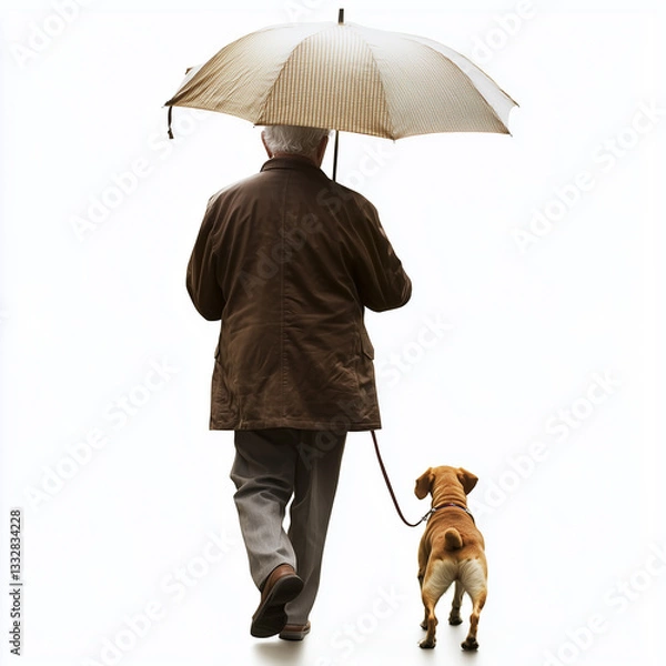 Obraz An elderly man walks his dog under an umbrella on a rainy day, both isolated against a bright white background. Isolated, cut out.
