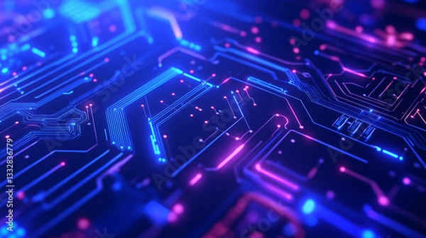 Obraz Futuristic circuit board design with intricate electronic components, illuminated with a blue and neon glow, highlighting the evolution of modern technology in digital infrastructu