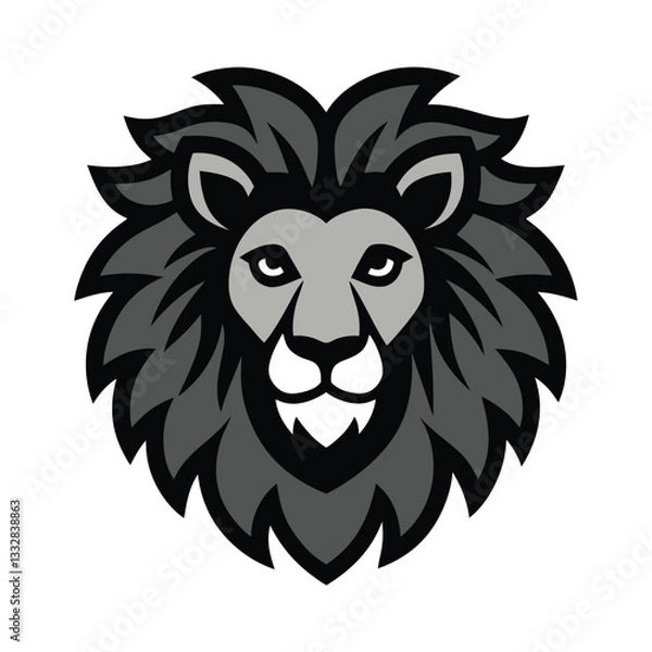 Fototapeta A stylized grayscale vector graphic depicting a lions head. The design is bold, with a prominent mane and intense gaze. Suitable for logo use.