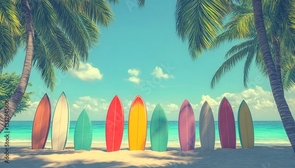 Fototapeta Colorful surfboards standing upright on a sandy beach with palm trees. Vibrant surfboards in a row on a tropical shore. Concept of surfing, tropical vacation, beach equipment, summer fun