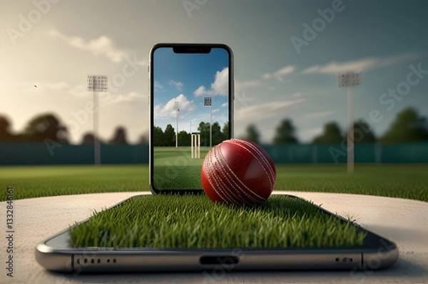 Fototapeta A close-up of a football resting on an artificial turf field under bright stadium lights ,ballon de football américain déposé,3D digital illustration of a shiny red cricket ball with detailed white st