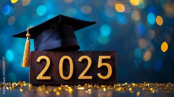 Obraz Graduation cap for year 2025 with bokeh background