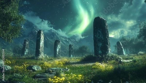 Fototapeta Glowing sacred stone circle under a celestial aurora storm