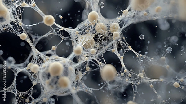 Fototapeta Interconnected network. a complex web of filaments and bubbles, resembling a neural network or a fungal hyphae. Fungal Web. Illustration
