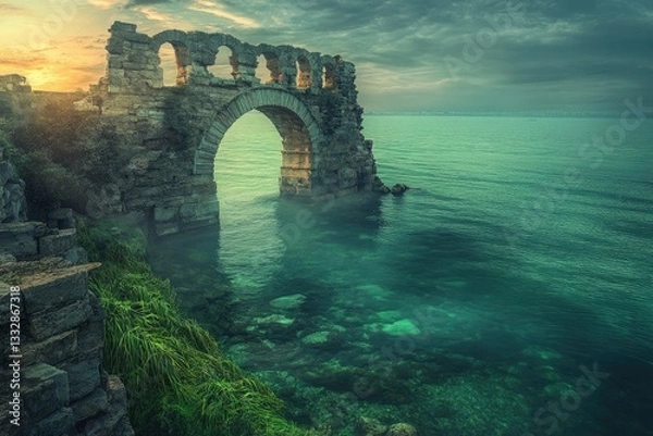 Fototapeta Ancient stone archway partially submerged in the sea at sunset, evocative of mystery and forgotten history.