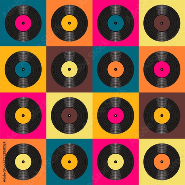 Fototapeta Seamless pattern print wallpaper with vinyl record discs music illustration vector retro style 60s, 70s, 80s, design art background for paper, textile, pack etc.	
