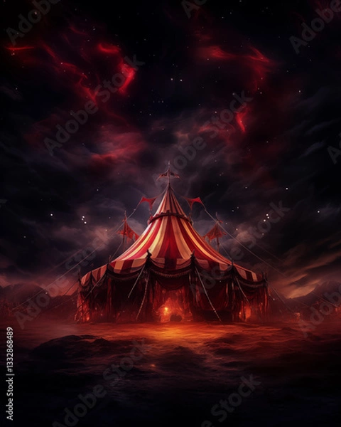 Fototapeta Amusement park, abandoned circus, black and red tones convey a sense of fear, haunted house