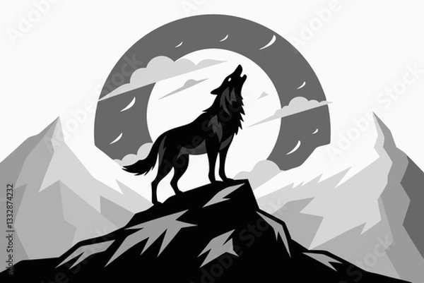 Obraz wolf howling mountain line art silhouette vector illustration