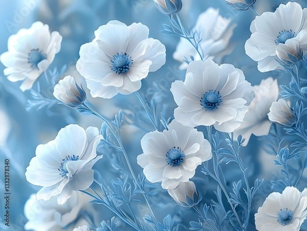 Obraz Dreamy Watercolor Wildflower Pattern Across Serene Blue Background