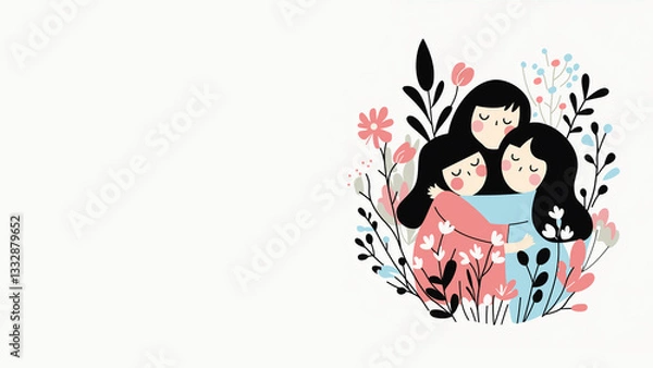 Fototapeta Simple vector like illustration of three cute girls hugging. White background with scheme of white, pink, blue and black flowers. Copy space, 16:9