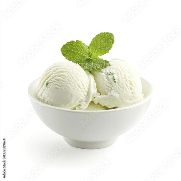 Fototapeta Two scoops of mint ice cream in a small bowl, garnished with fresh mint leaves