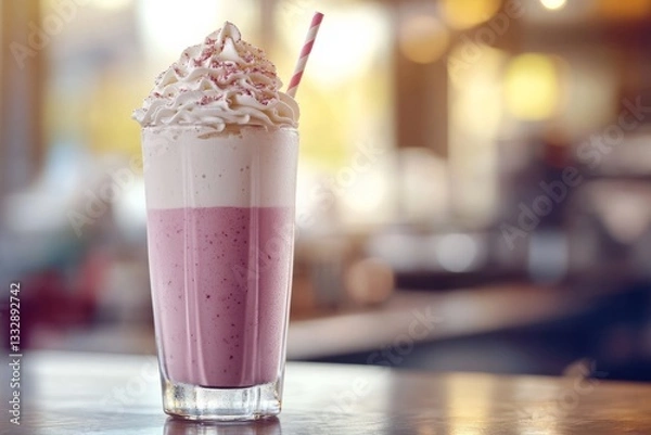 Fototapeta Delicious pink and white milkshake with whipped cream and a straw served in a tall glass in a cozy café setting