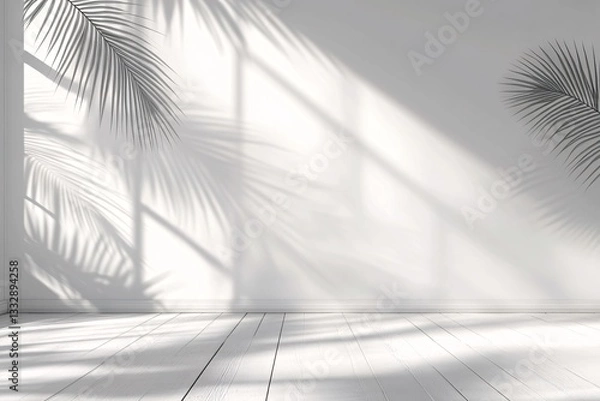 Obraz Minimalist white wall with palm leaf shadows and sunlight from window