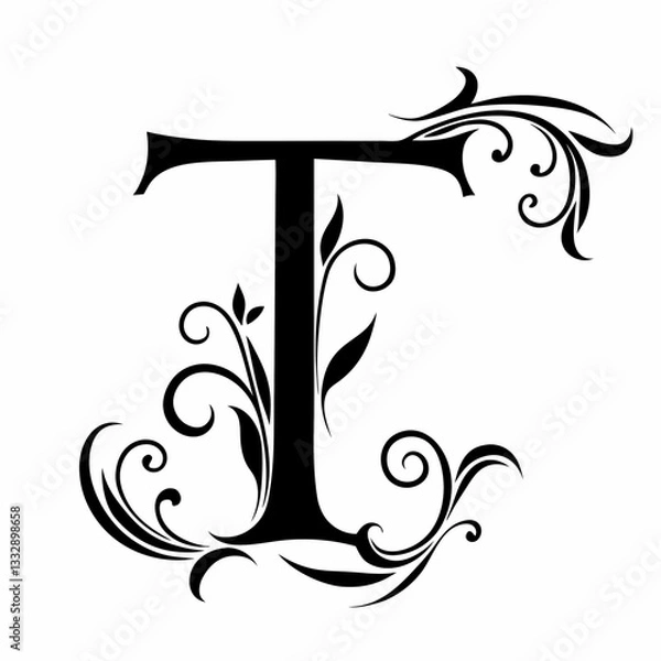 Fototapeta Elegant floral letter t monogram with intricate swirls and leaves