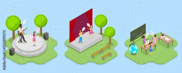 Fototapeta 3D Isometric Flat Vector Illustration of Summer Vacation Camps, Hobbies and Performance