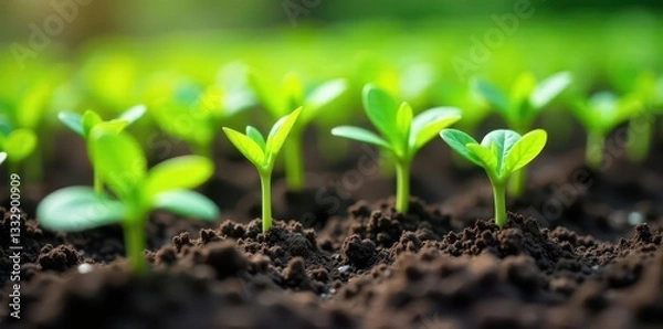 Fototapeta Rows of vibrant seedlings nestled amongst gardening tools in rich soil , gloves, natural