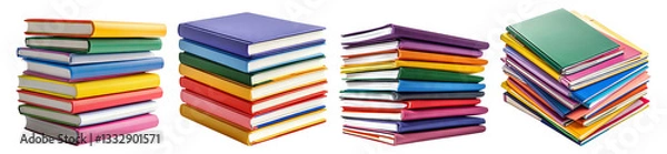 Fototapeta Colorful Stacked Books in Various Sizes and Designs on White Background, Isolated on Transparent Background