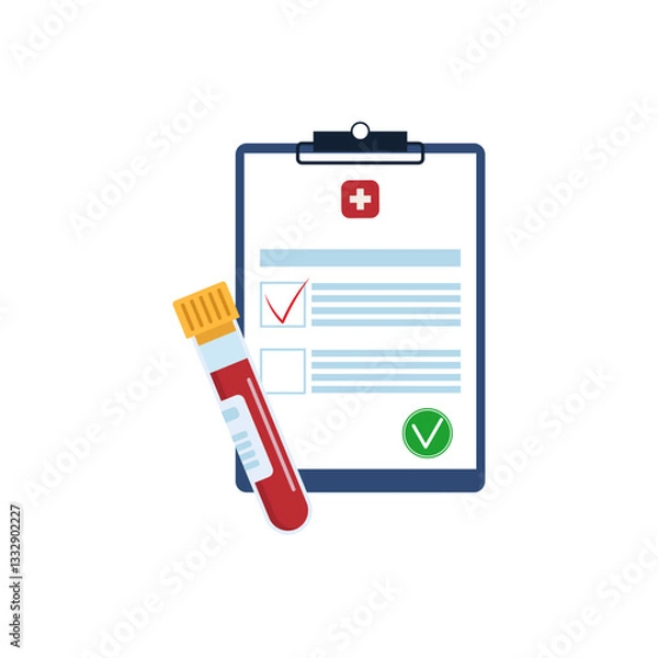 Fototapeta Blood test documents with a medical flask with blood and blood cells. Blood test tube with label. Hand drawn simple illustration in flat style. Hematology and biochemistry concept design