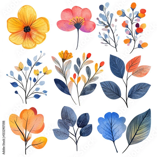 Fototapeta A vibrant collection of hand-painted floral illustrations featuring various flowers and leaves in a colorful palette, perfect for adding a touch of nature to any project.