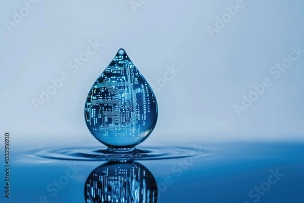 Fototapeta A water droplet reflecting a circuit board, symbolizing technology's impact on water resources.