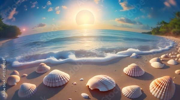 Fototapeta Tropical Beach Sunrise with Seashells on Sandy Shore – Tranquil Ocean View