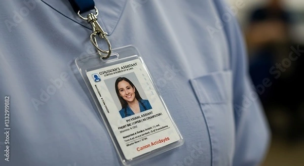 Obraz Woman's Identification Badge Hanging Around Neck As Physician's Assistant Closeup