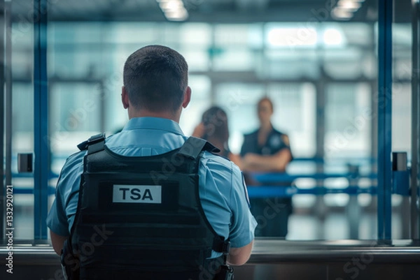 Obraz A Transportation Security Administration (TSA) officer stands at an airport security checkpoint, attentively monitoring passengers.