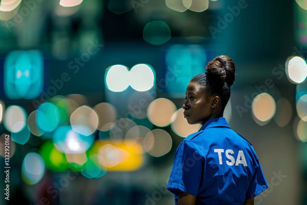 Obraz A TSA officer in uniform attentively monitors activity at an airport terminal.