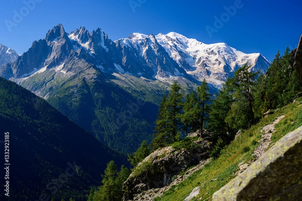Obraz The forest and the Mount Blanc massive on the background. 
