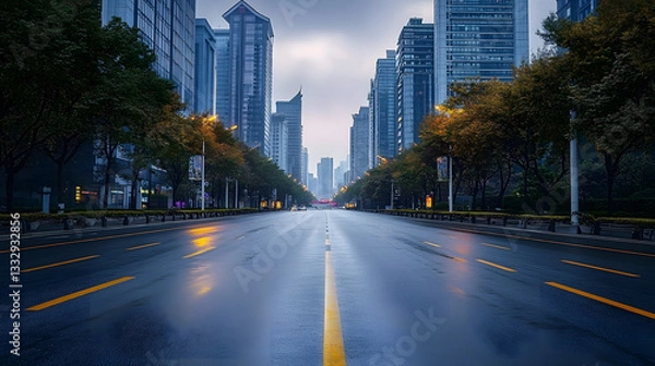 Fototapeta Empty asphalt road through Hangzhou business district